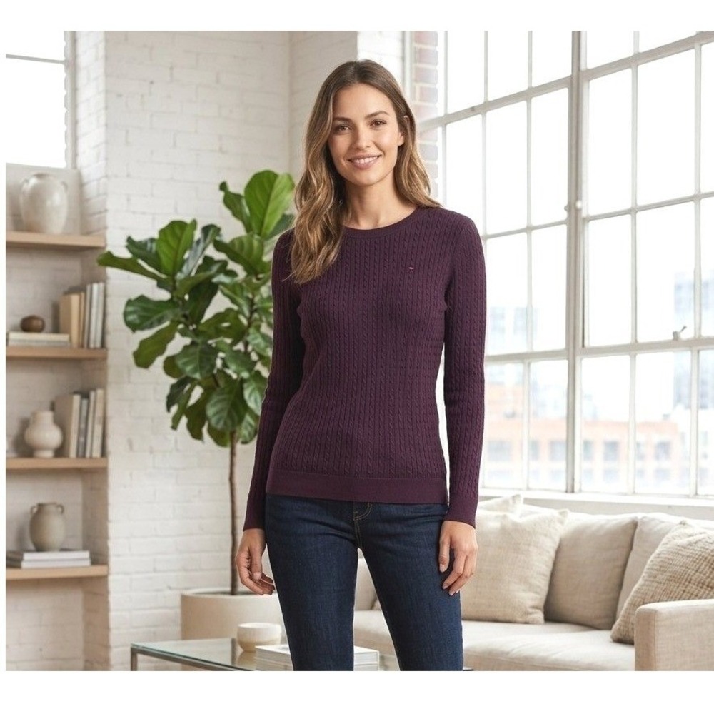 Tommy Hilfiger Womens Large Cable Knit Lightweight Sweater Plum Purple Preppy